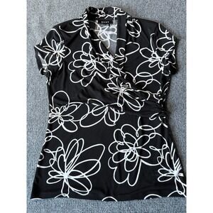 DKNY Womens Black White Floral Wrap V-Neck Short Sleeve Blouse Top Size M